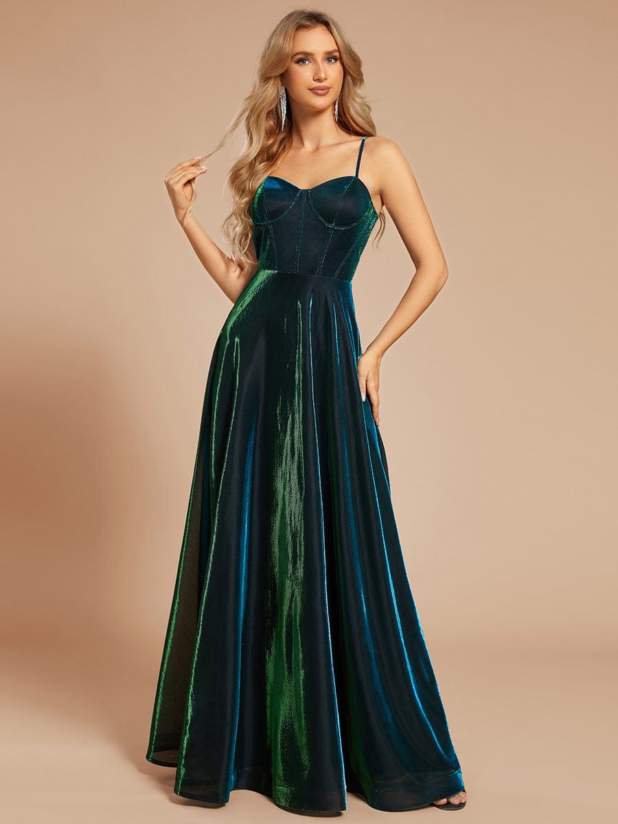 Custom Size Iridescent Mesh Spaghetti Strap V-neck A-line Prom Dress #color_Dark Green