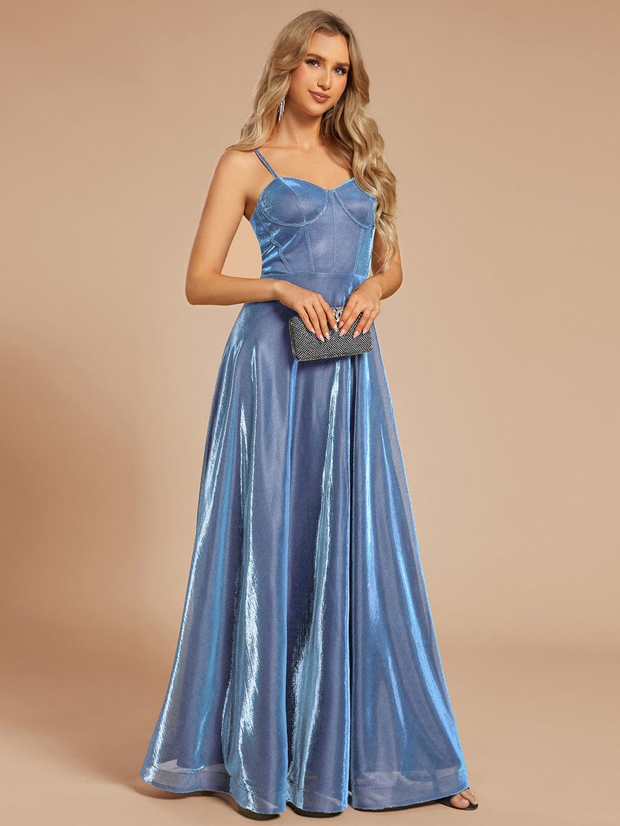 Custom Size Iridescent Mesh Spaghetti Strap V-neck A-line Prom Dress #color_Light Blue