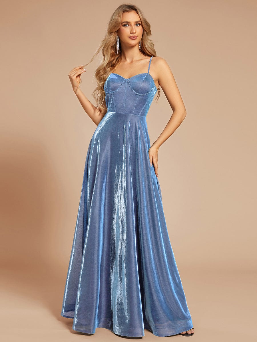 Custom Size Iridescent Mesh Spaghetti Strap V-neck A-line Prom Dress #color_Light Blue