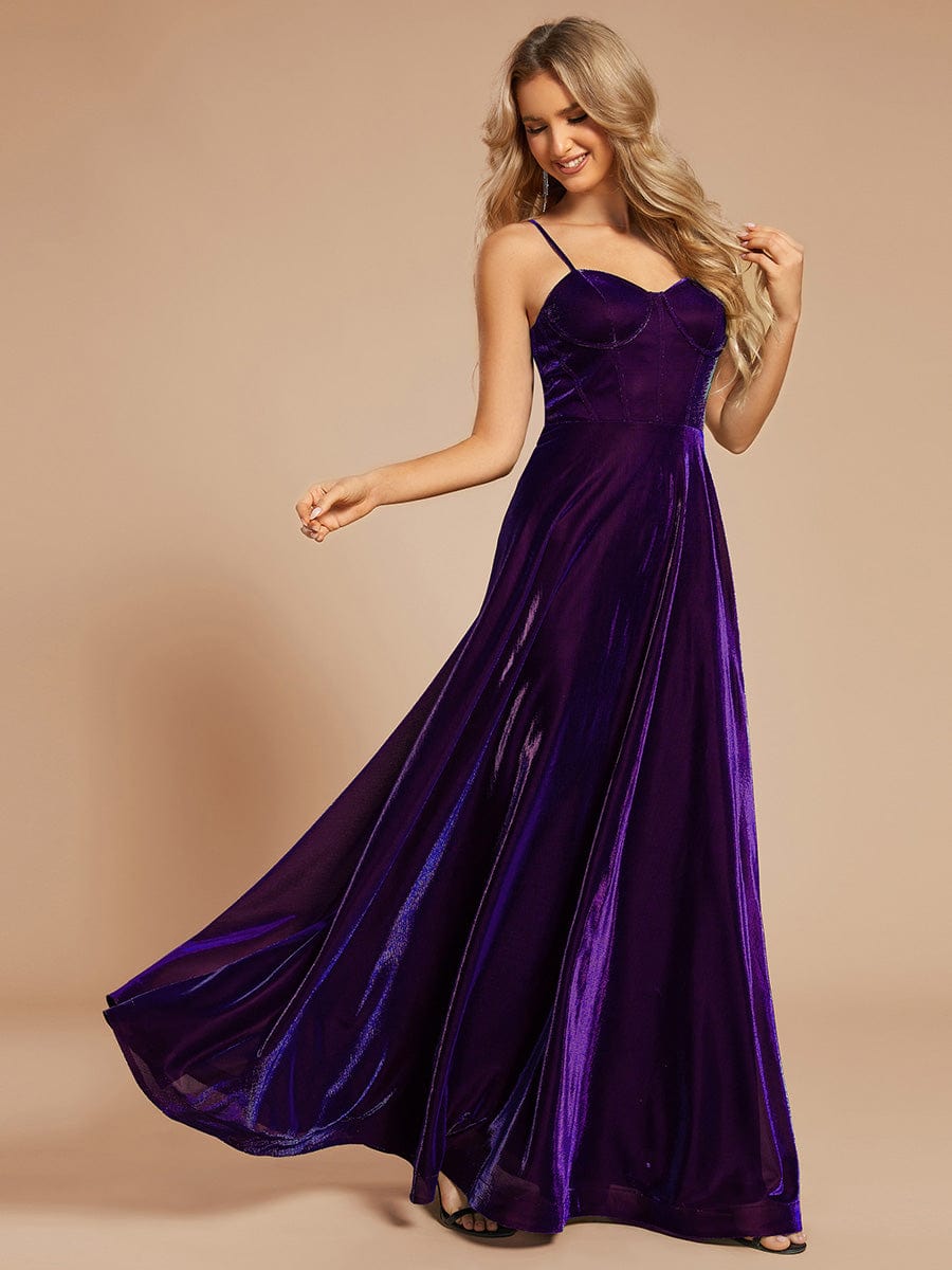 Custom Size Iridescent Mesh Spaghetti Strap V-neck A-line Prom Dress #color_Sapphire Blue