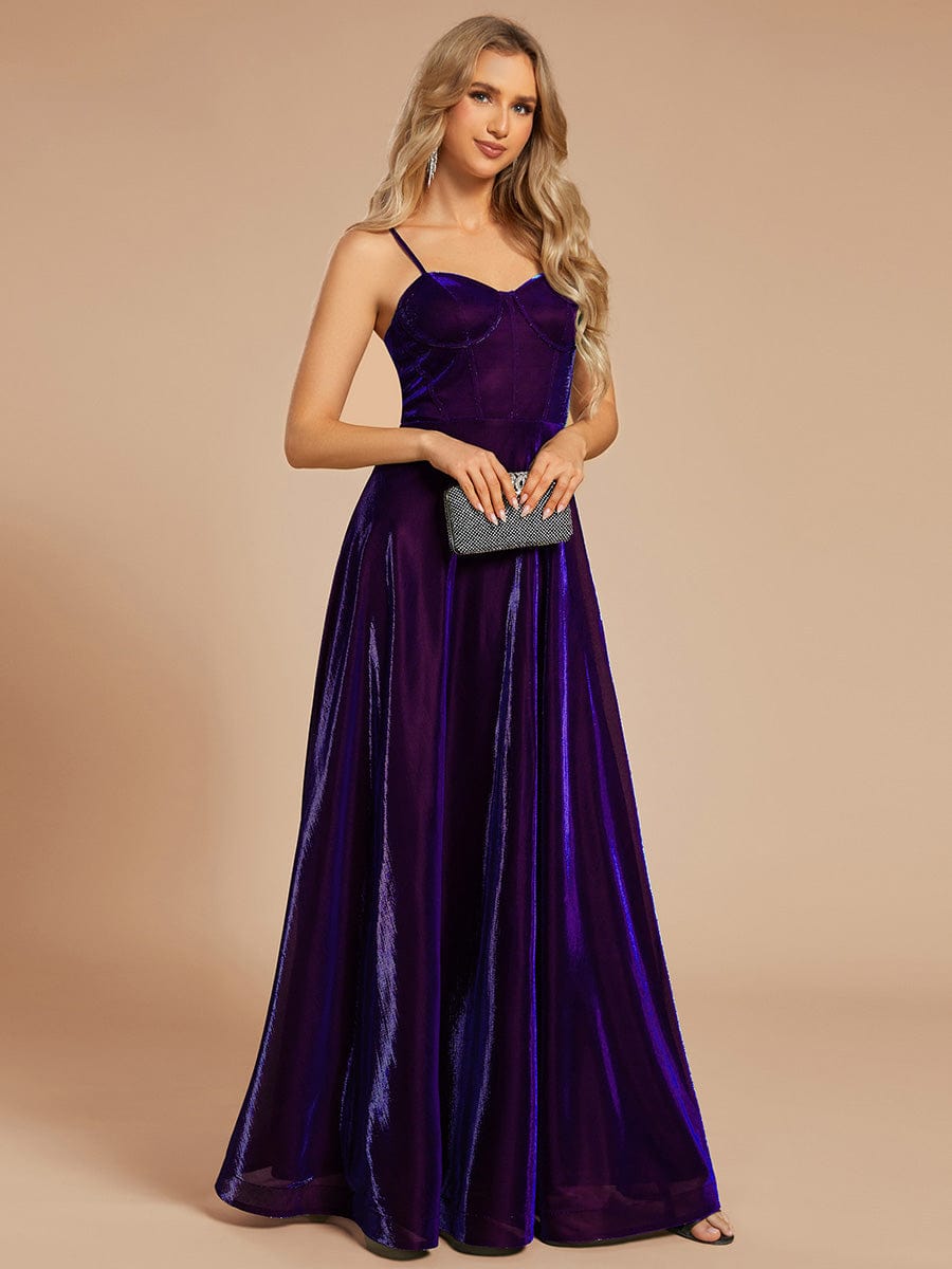 Custom Size Iridescent Mesh Spaghetti Strap V-neck A-line Prom Dress #color_Sapphire Blue