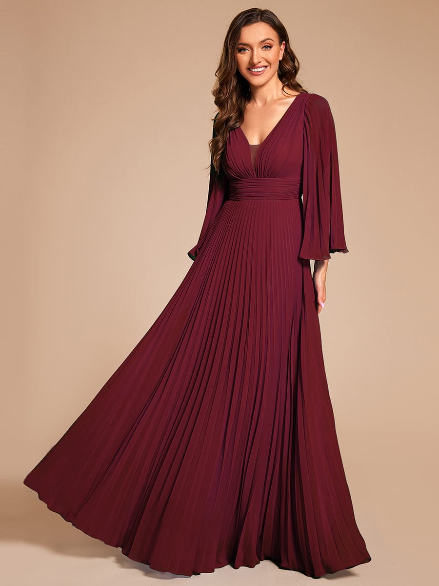 Custom Size Deep V-neck A-line Ruffles Sleeves Floor Length Chiffon Evening Dress #color_Burgundy