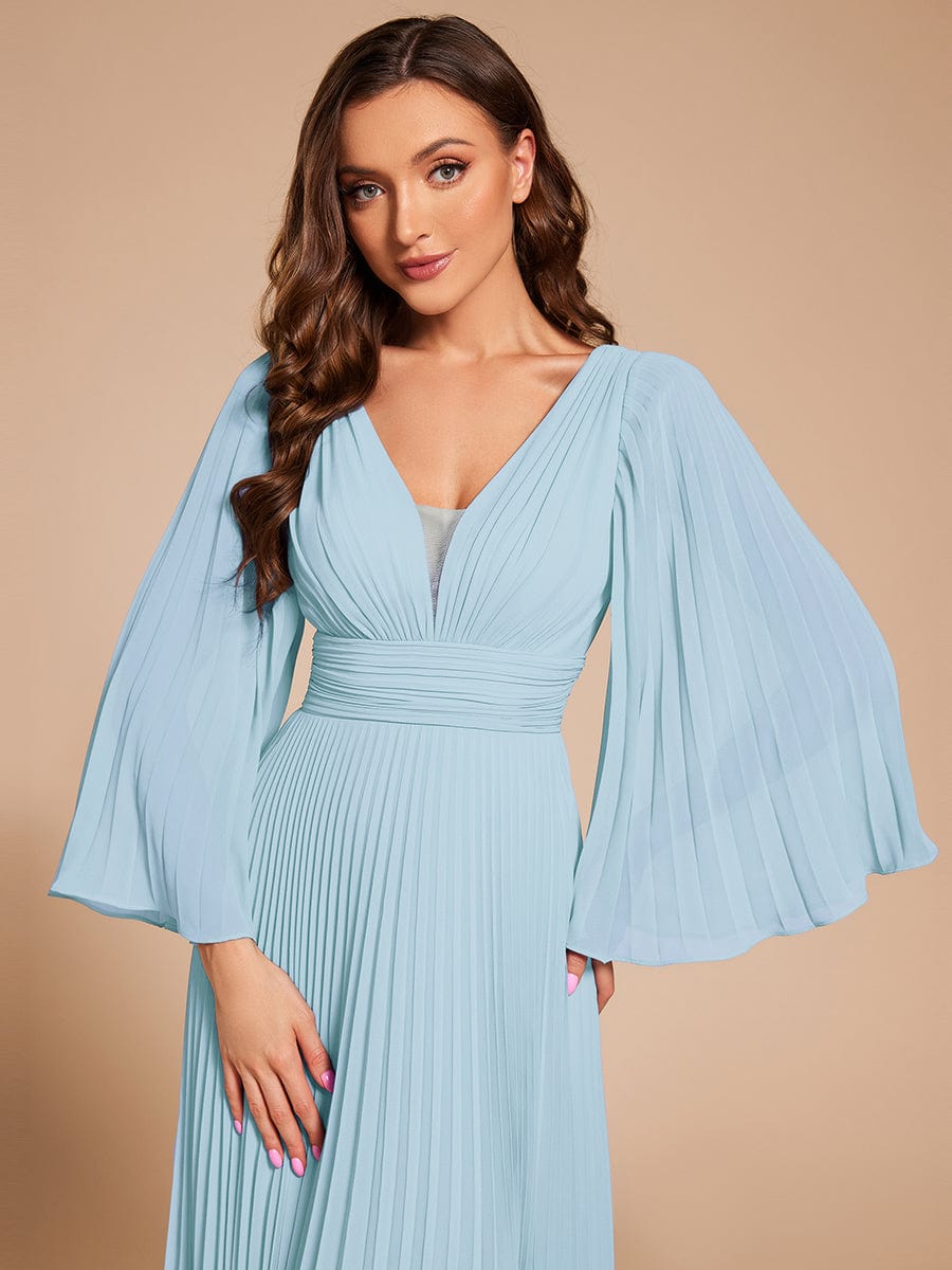 Custom Size Deep V-neck A-line Ruffles Sleeves Floor Length Chiffon Evening Dress #color_Sky Blue