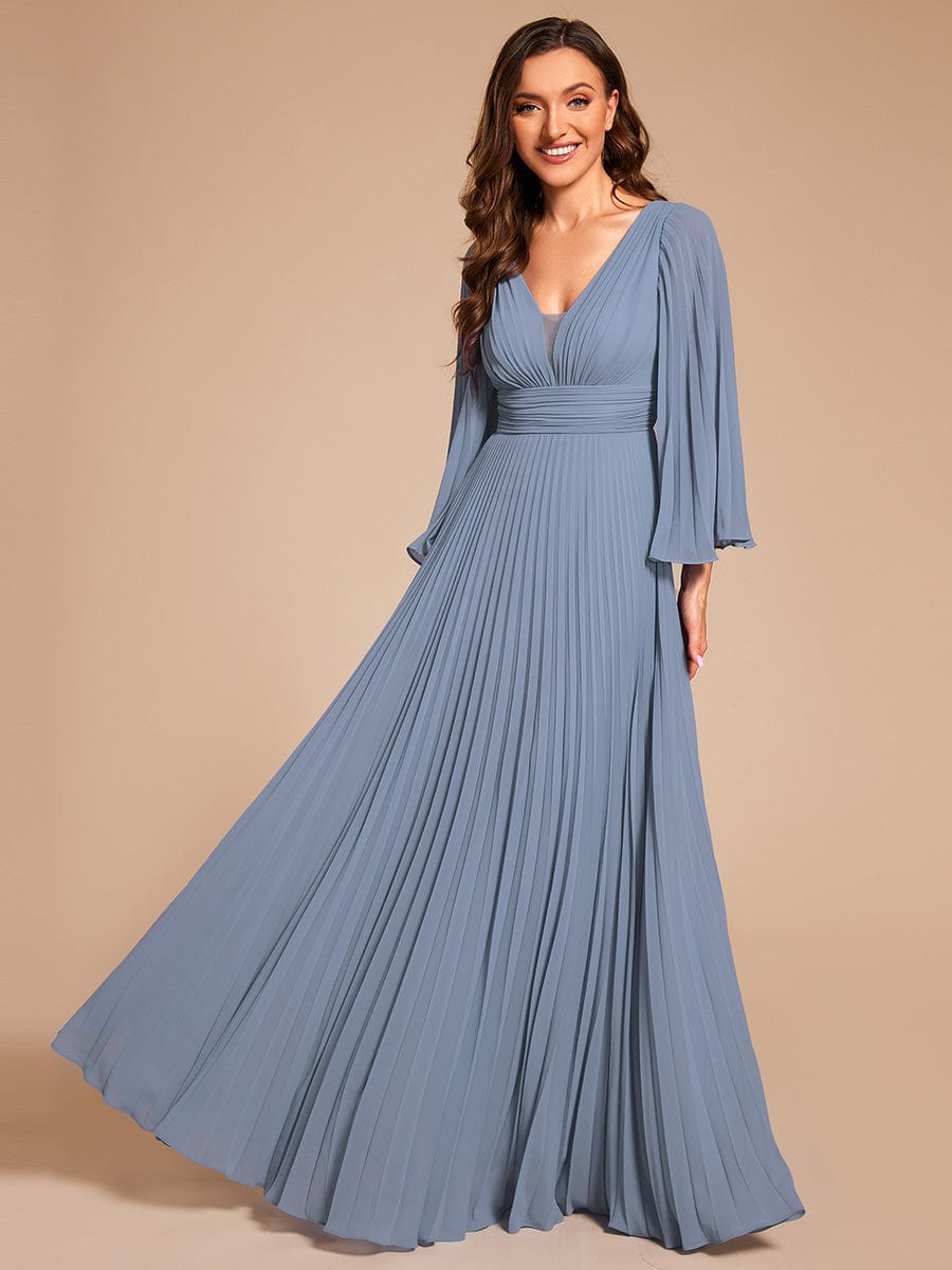 Custom Size Deep V-neck A-line Ruffles Sleeves Floor Length Chiffon Evening Dress #color_Slate Blue