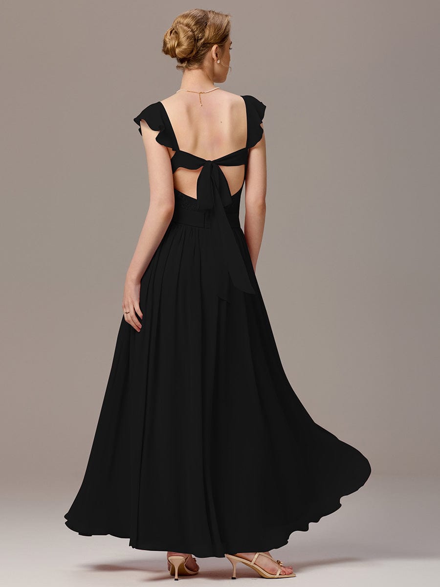 V-Neck Bandage Stringy Selvedge Maxi Bridesmaid Dress #color_Black