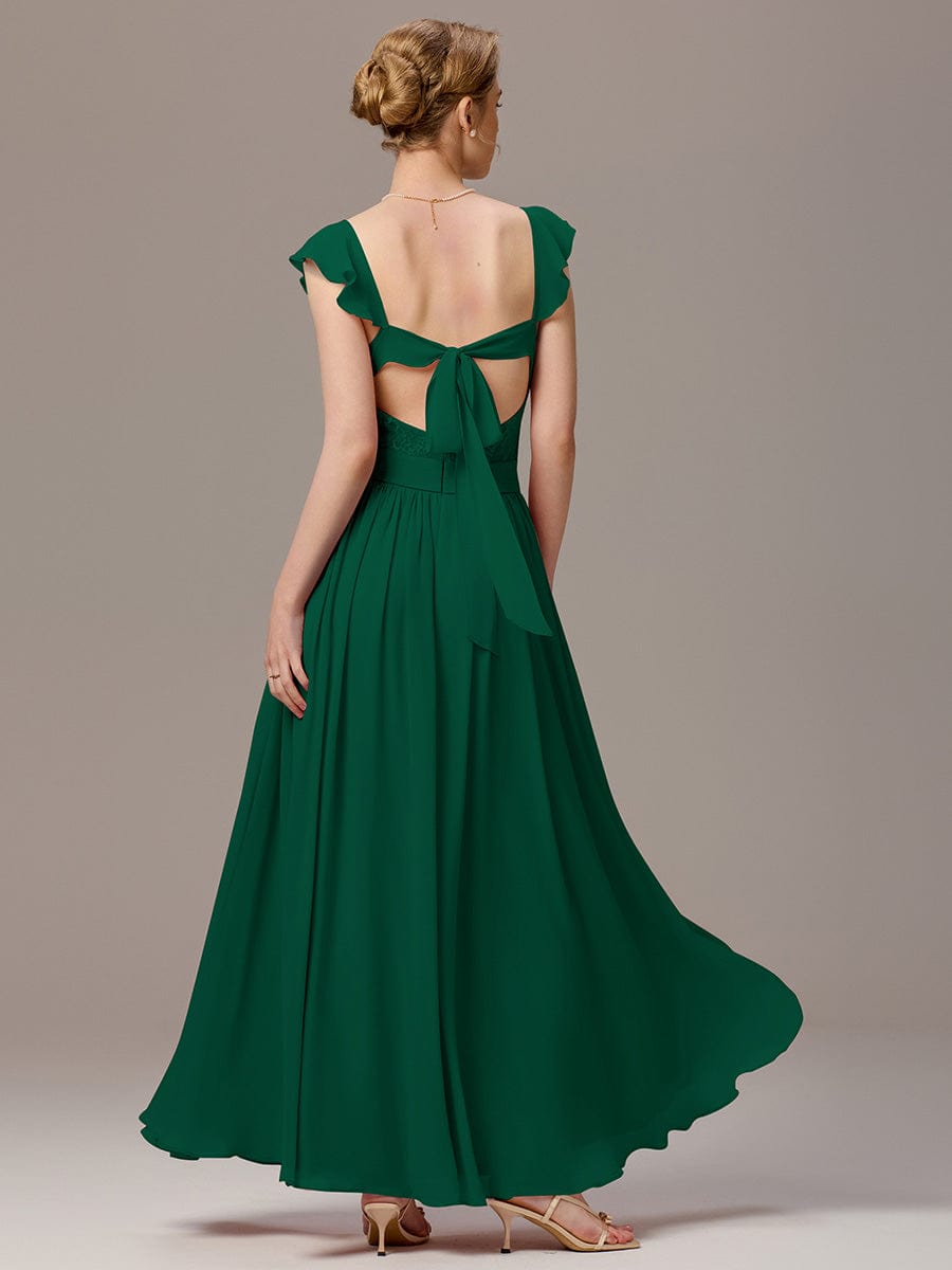 V-Neck Bandage Stringy Selvedge Maxi Bridesmaid Dress #color_Dark Green