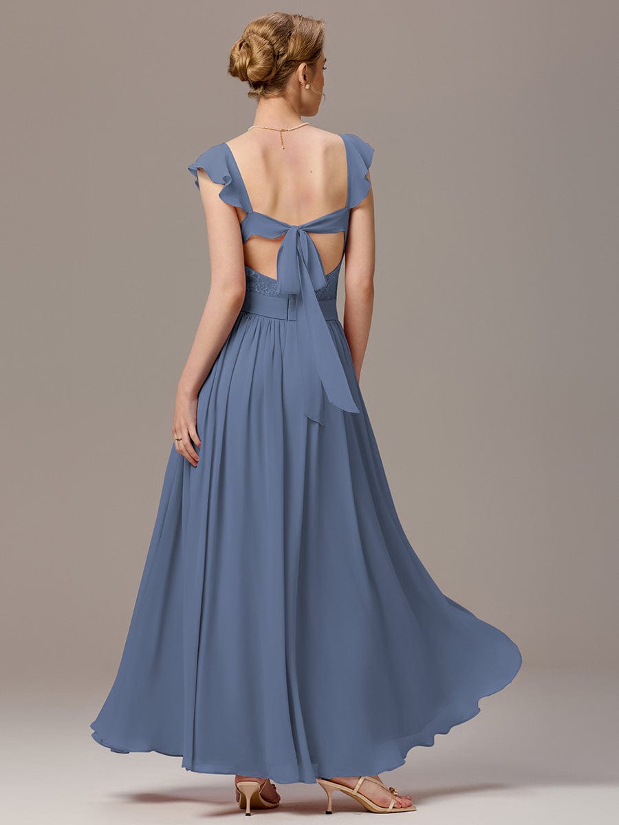 V-Neck Bandage Stringy Selvedge Maxi Bridesmaid Dress #color_Dusty Blue