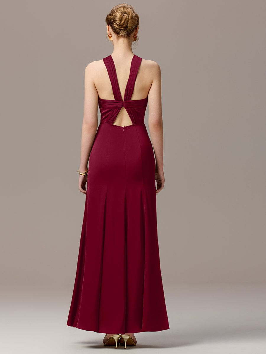 Satin Cross Halter Sleeveless Maxi Bridesmaid Dress #color_Burgundy