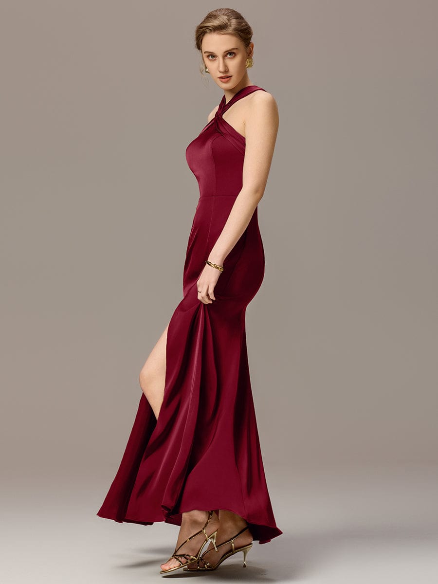 Satin Cross Halter Sleeveless Maxi Bridesmaid Dress #color_Burgundy