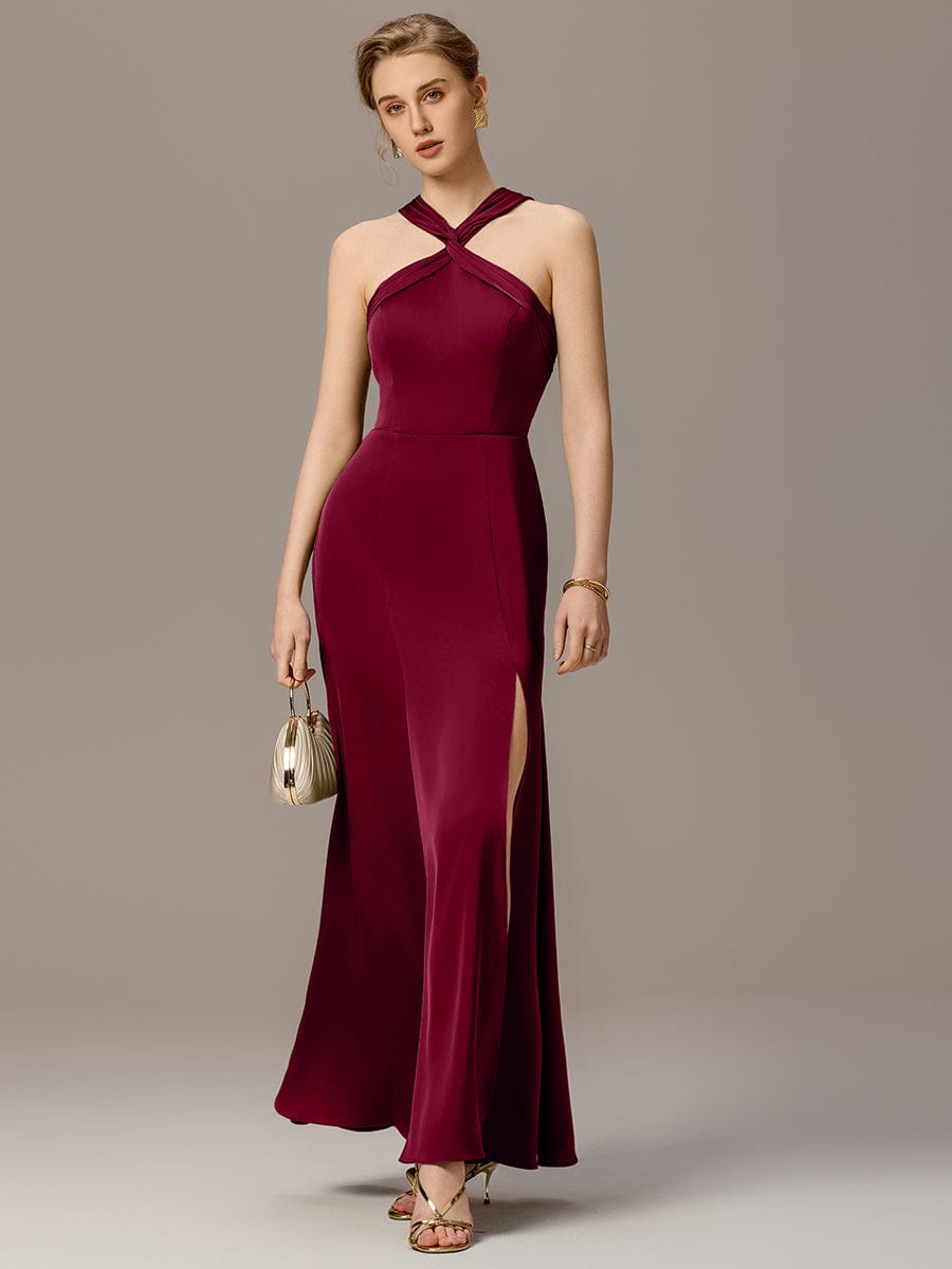 Satin Cross Halter Sleeveless Maxi Bridesmaid Dress #color_Burgundy