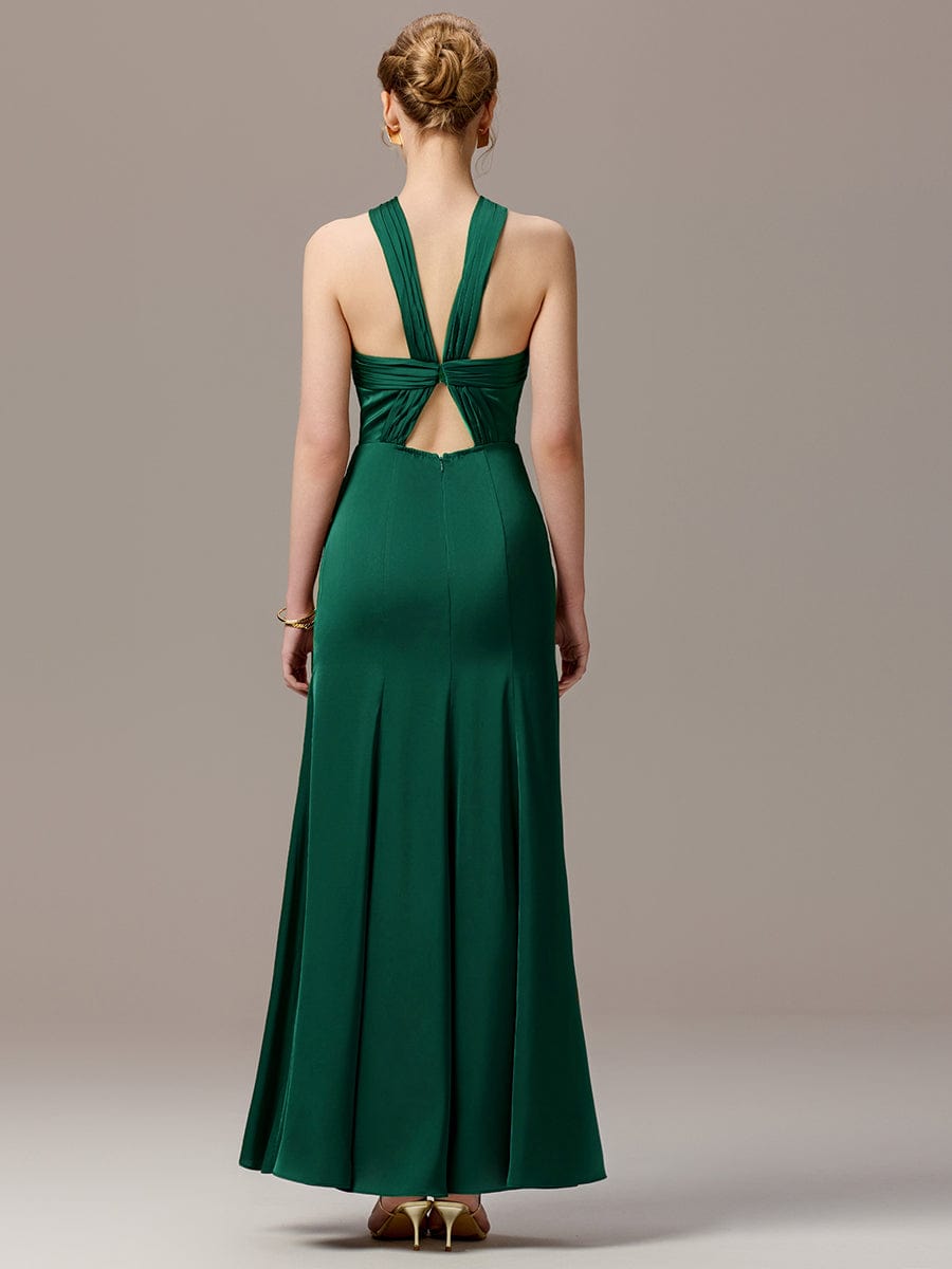 Satin Cross Halter Sleeveless Maxi Bridesmaid Dress #color_Dark Green