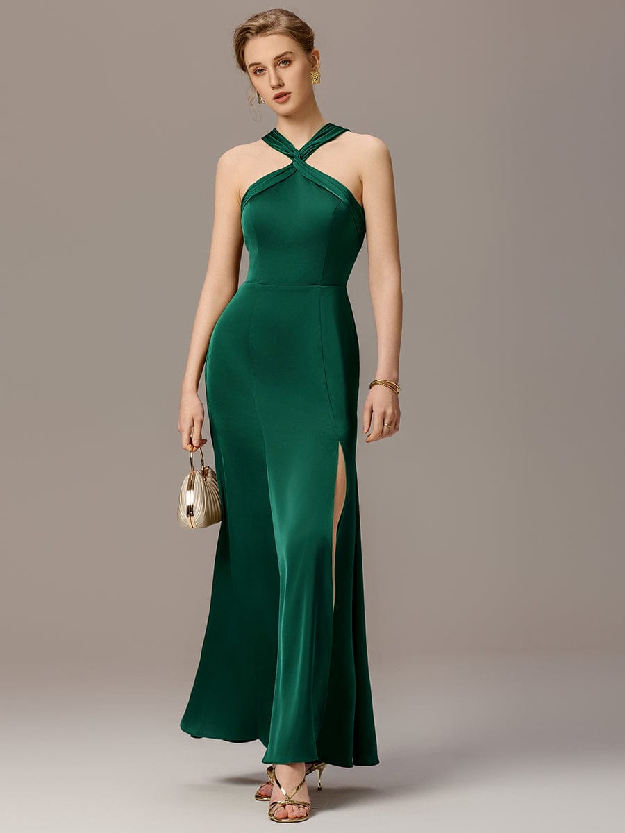 Satin Cross Halter Sleeveless Maxi Bridesmaid Dress #color_Dark Green