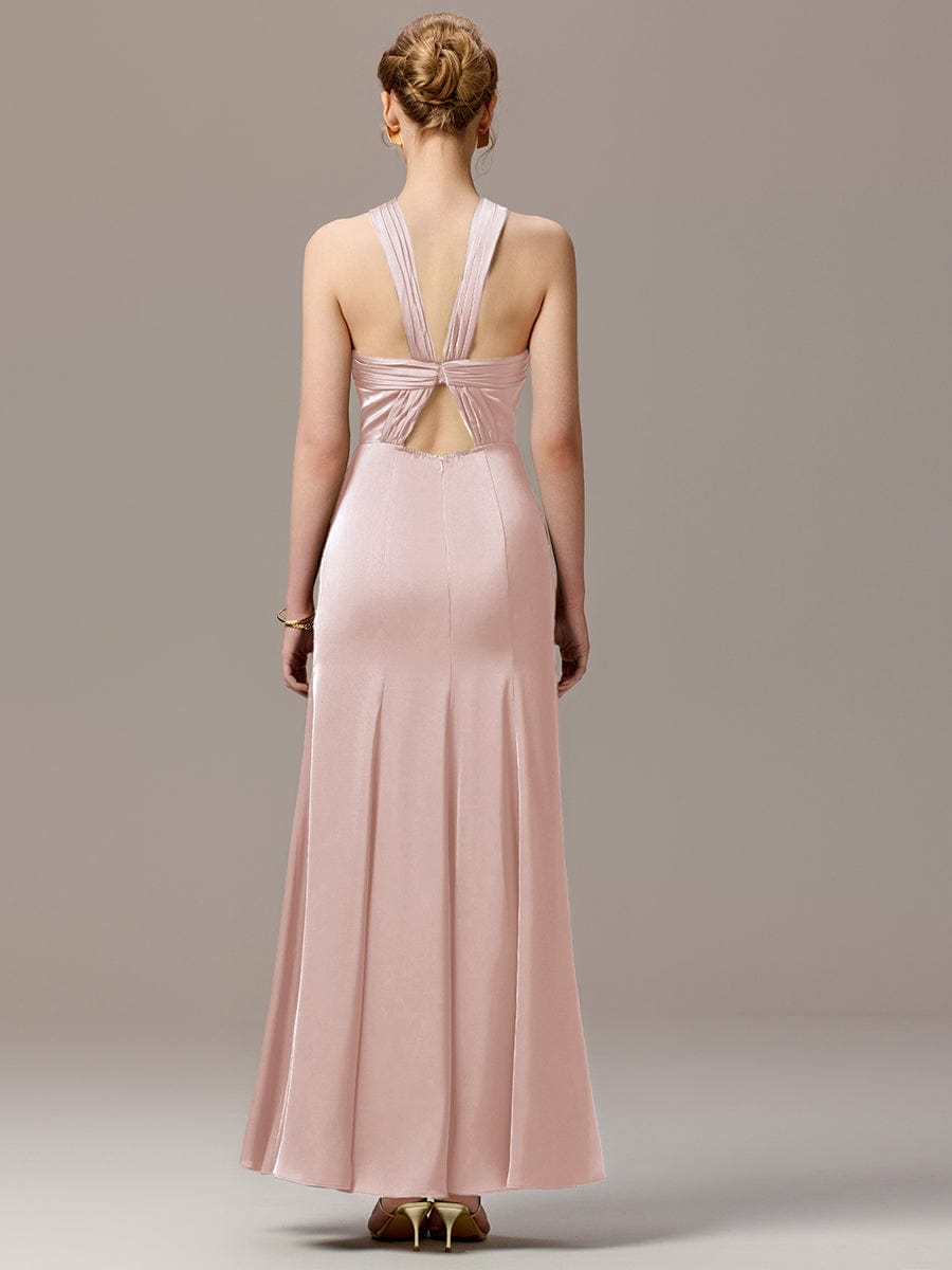 Satin Cross Halter Sleeveless Maxi Bridesmaid Dress #color_Pink