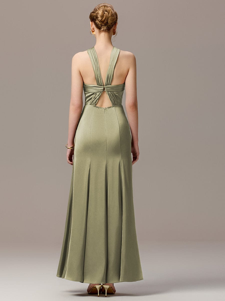 Satin Cross Halter Sleeveless Maxi Bridesmaid Dress #color_Sage Green