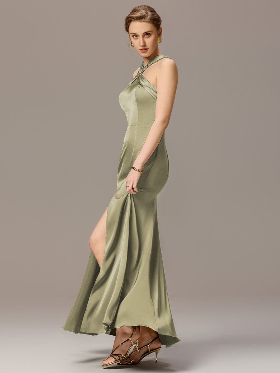 Satin Cross Halter Sleeveless Maxi Bridesmaid Dress #color_Sage Green