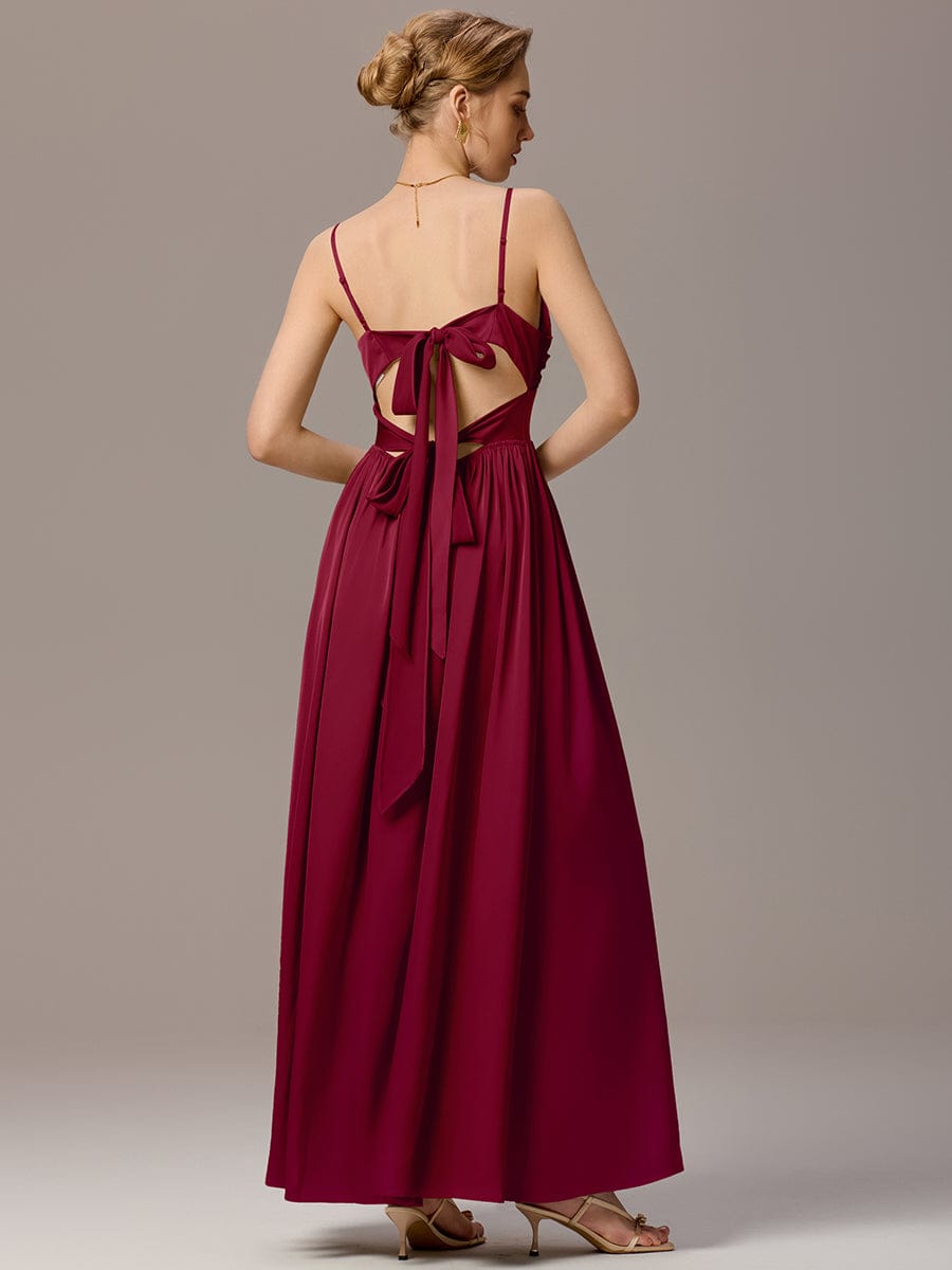 Satin Pleated Backless Sleeveless Maxi Bridesmaid Dress #color_Burgundy