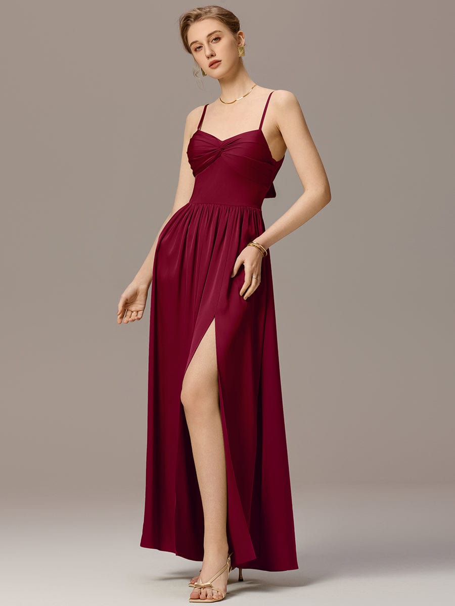 Satin Pleated Backless Sleeveless Maxi Bridesmaid Dress #color_Burgundy