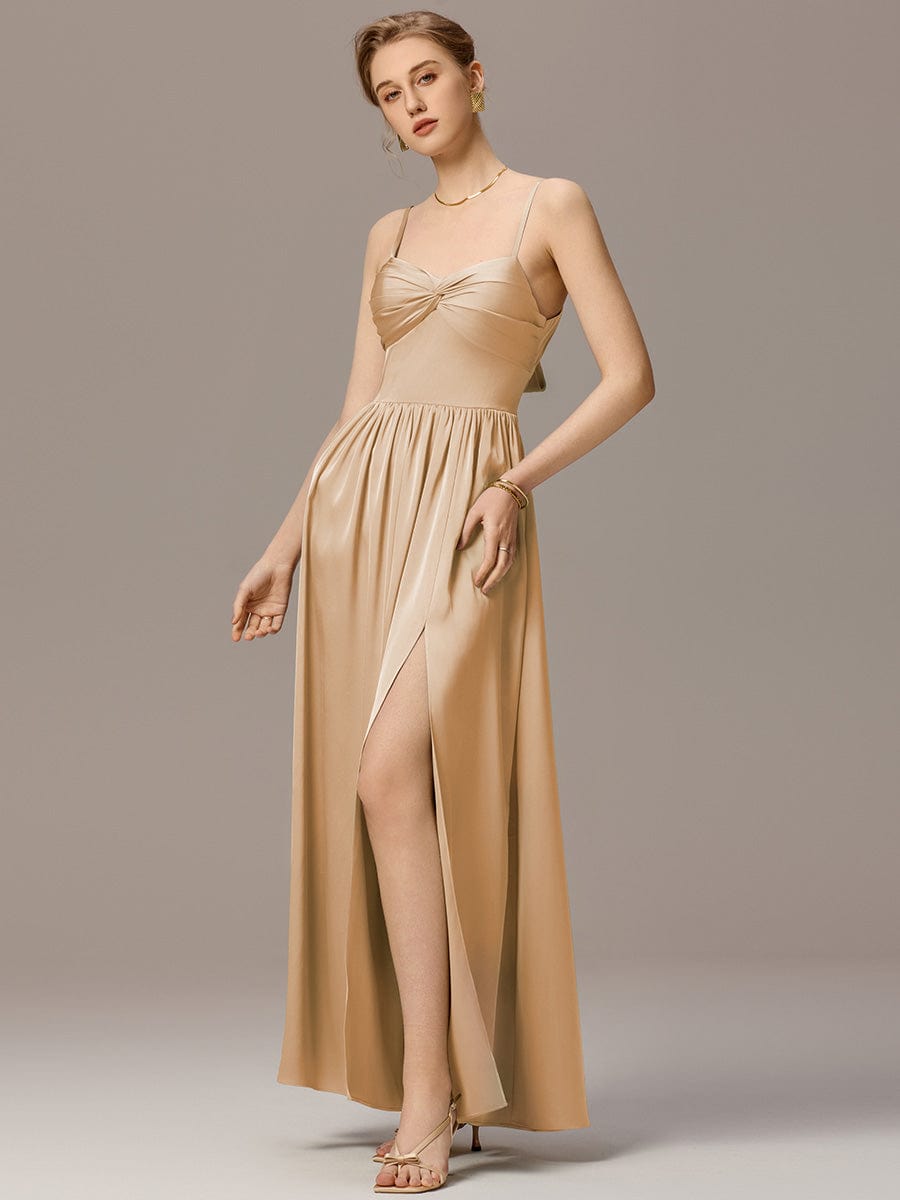 Satin Pleated Backless Sleeveless Maxi Bridesmaid Dress #color_Champagne