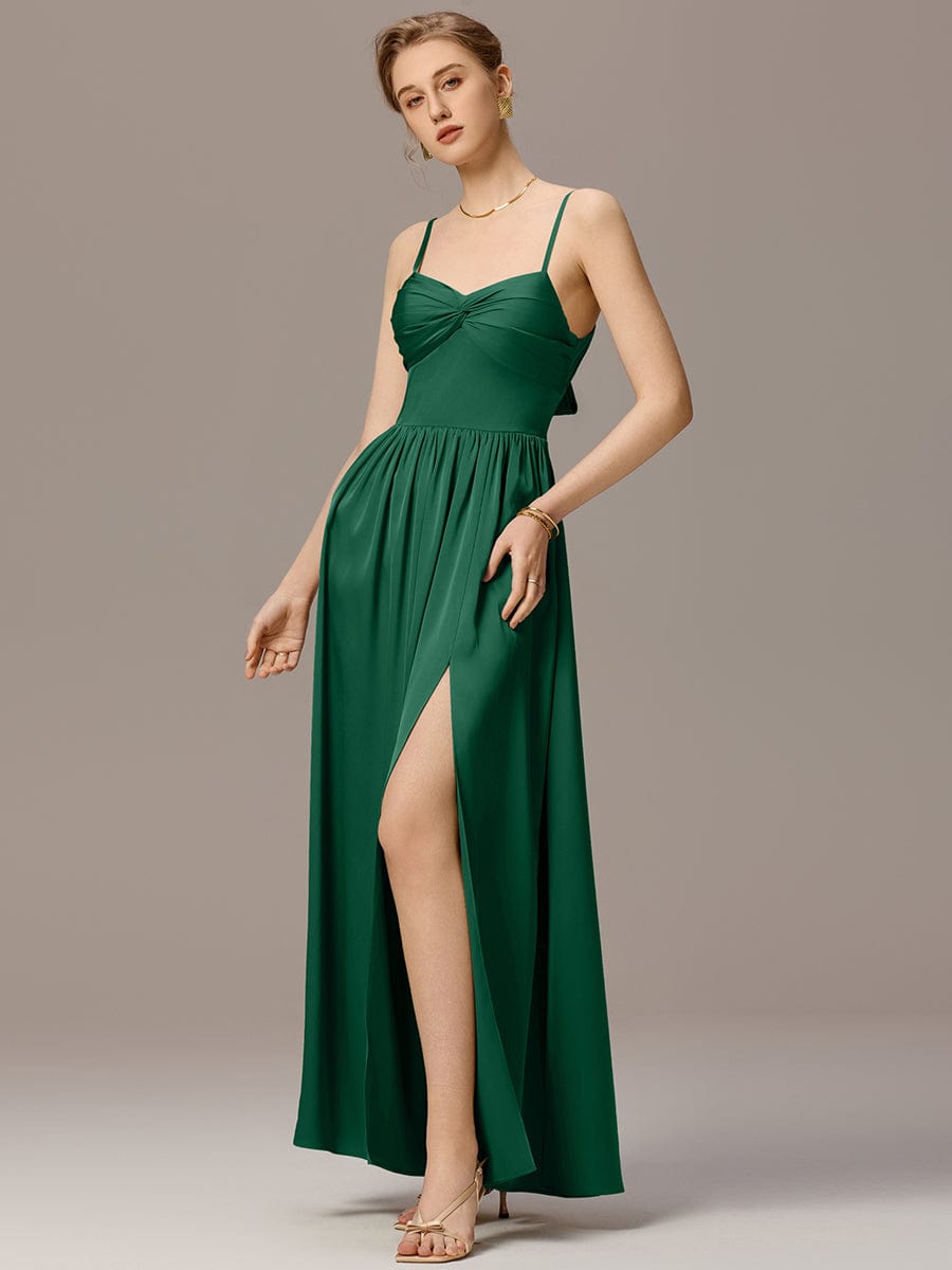 Satin Pleated Backless Sleeveless Maxi Bridesmaid Dress #color_Dark Green