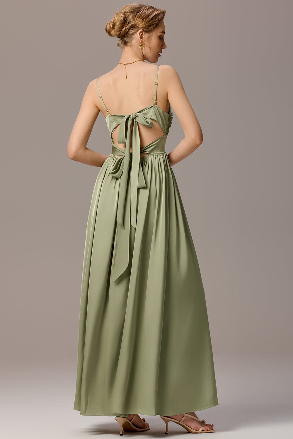 Satin Pleated Backless Sleeveless Maxi Bridesmaid Dress #color_Sage Green