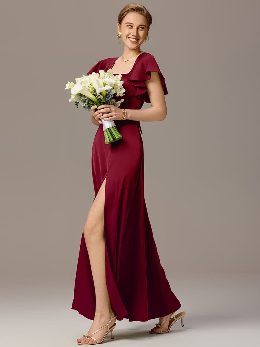 Satin Square Neck Short Sleeve Ruffled Maxi Bridesmaid Dress #color_Burgundy