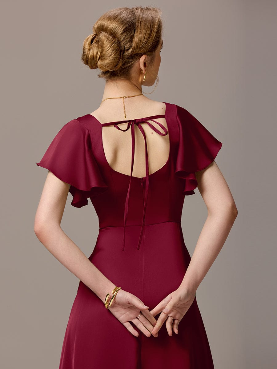 Satin Square Neck Short Sleeve Ruffled Maxi Bridesmaid Dress #color_Burgundy