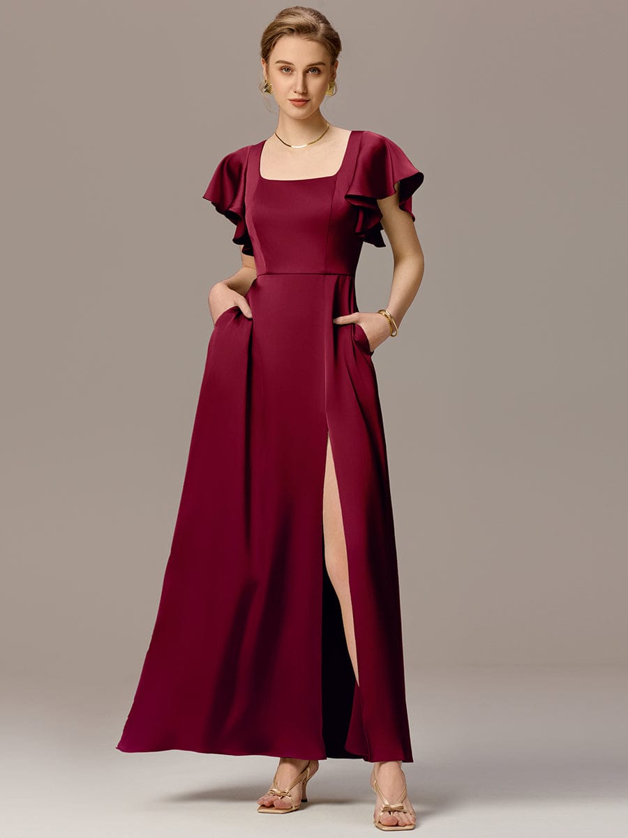 Satin Square Neck Short Sleeve Ruffled Maxi Bridesmaid Dress #color_Burgundy