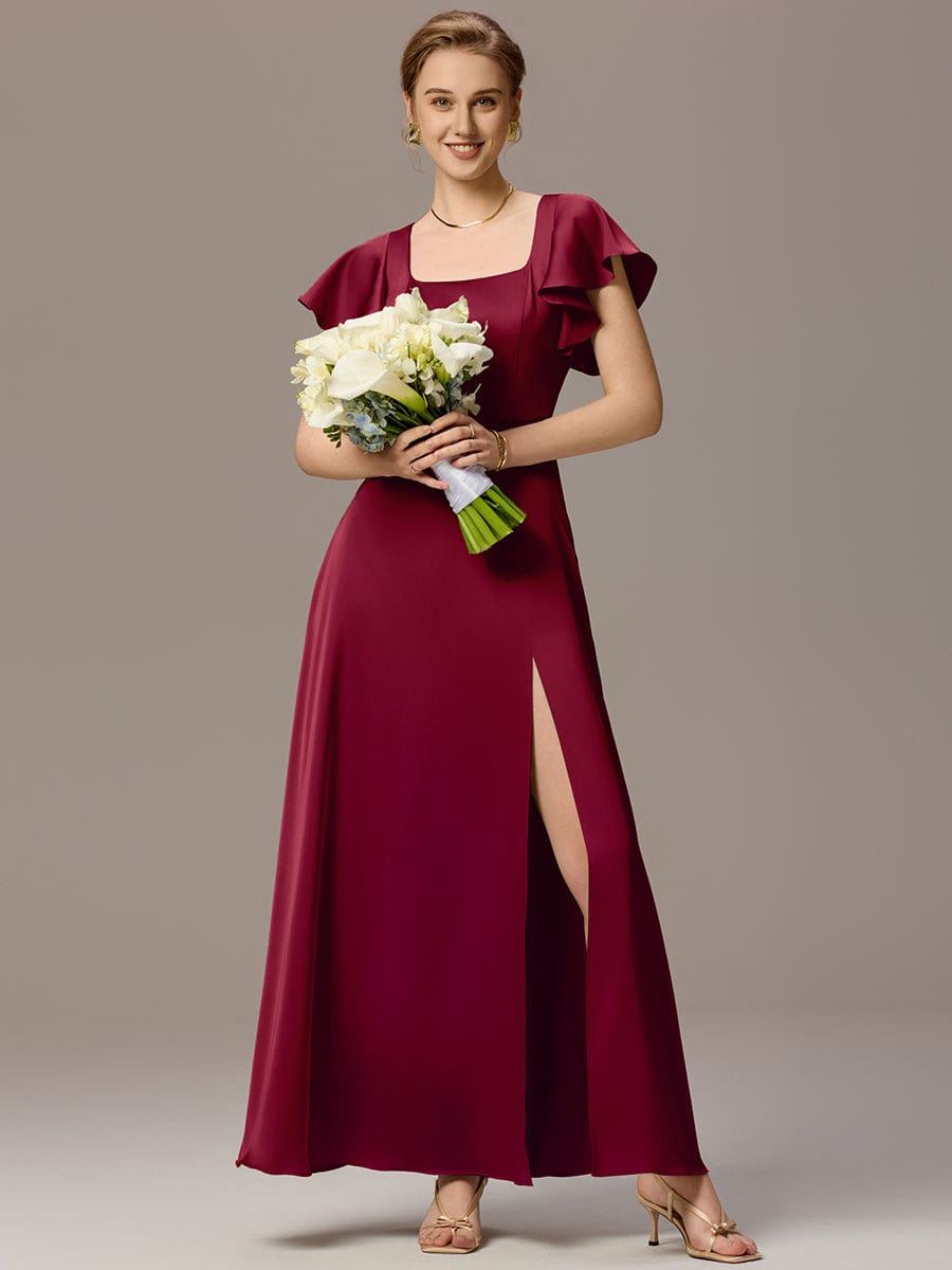 Satin Square Neck Short Sleeve Ruffled Maxi Bridesmaid Dress #color_Burgundy