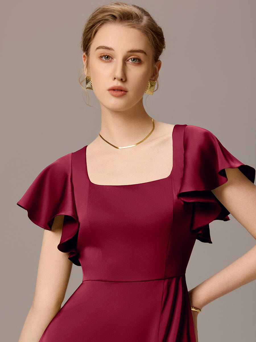 Satin Square Neck Short Sleeve Ruffled Maxi Bridesmaid Dress #color_Burgundy