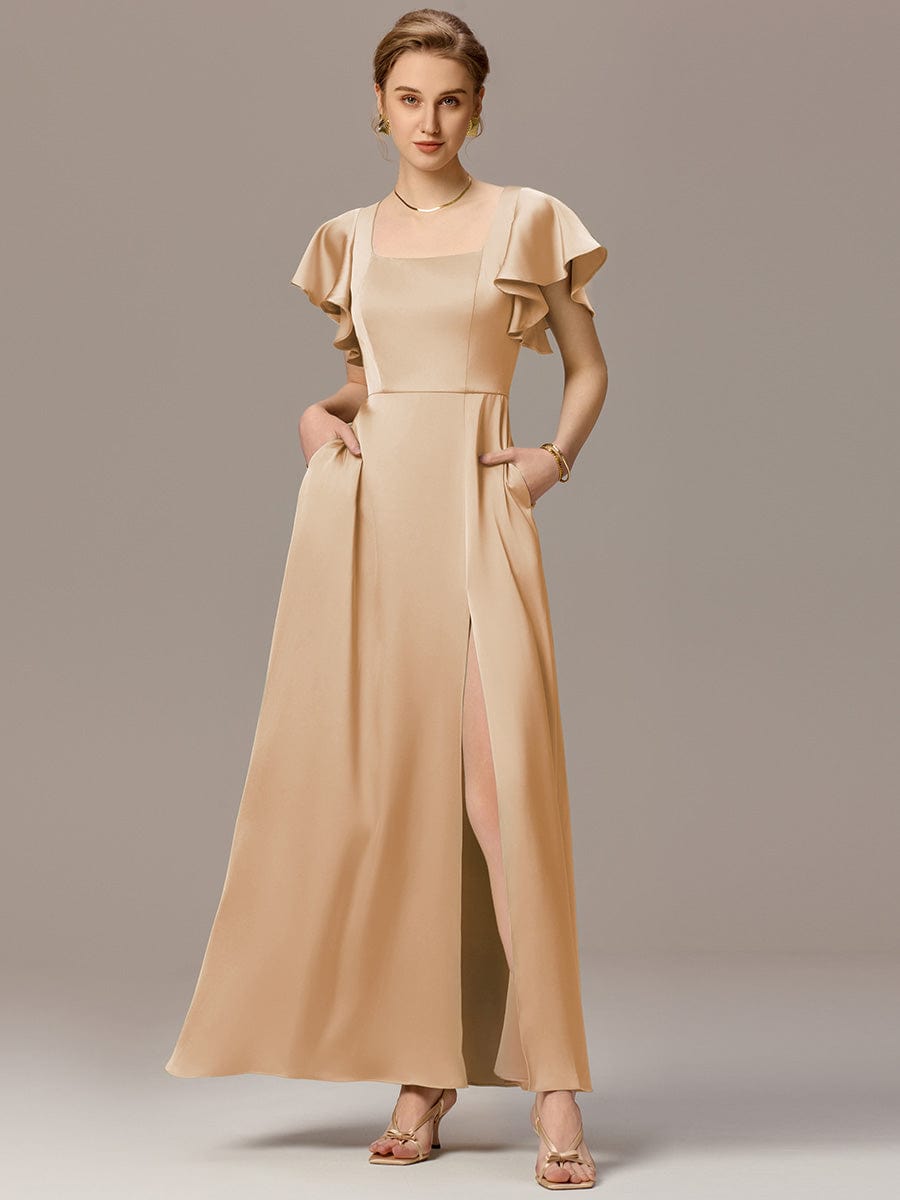 Satin Square Neck Short Sleeve Ruffled Maxi Bridesmaid Dress #color_Champagne