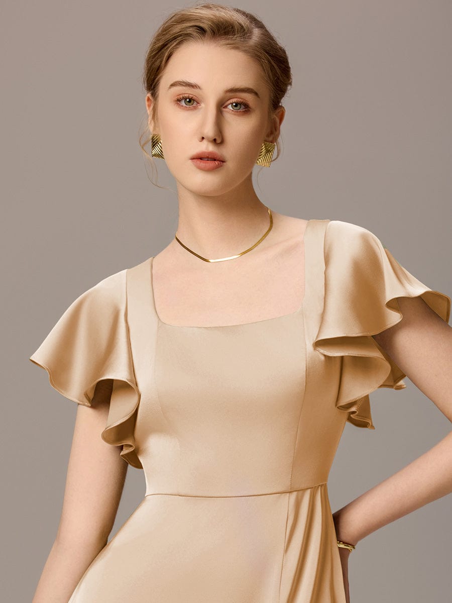 Satin Square Neck Short Sleeve Ruffled Maxi Bridesmaid Dress #color_Champagne