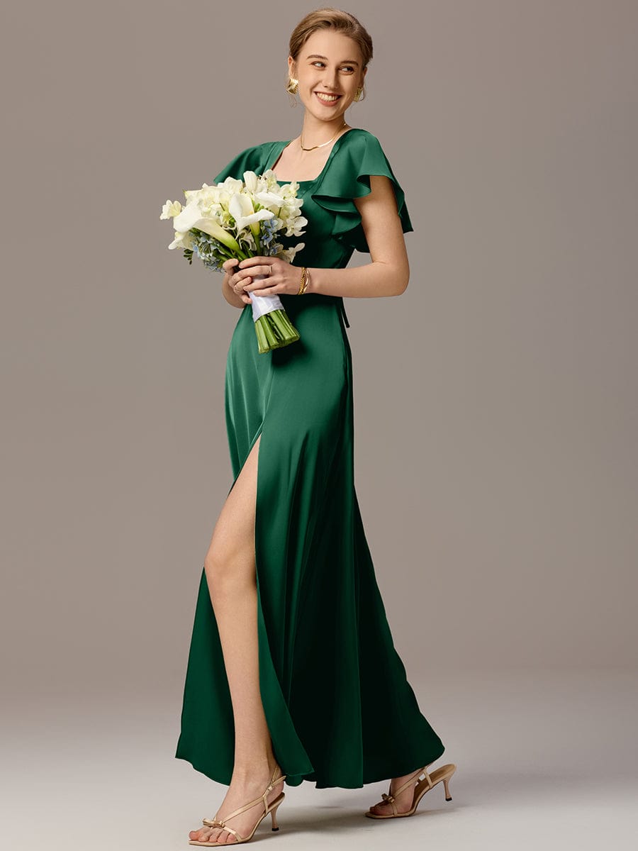 Satin Square Neck Short Sleeve Ruffled Maxi Bridesmaid Dress #color_Dark Green