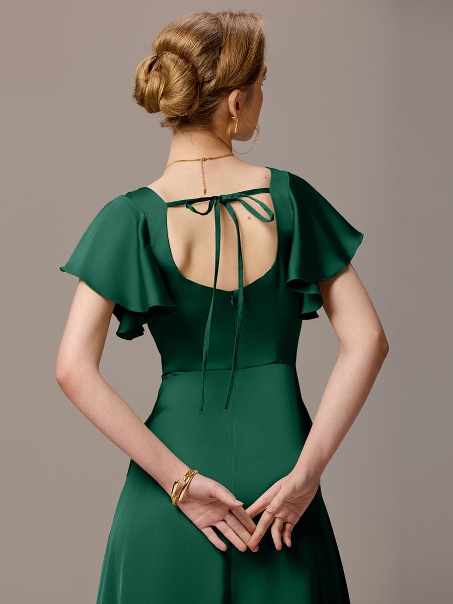 Satin Square Neck Short Sleeve Ruffled Maxi Bridesmaid Dress #color_Dark Green