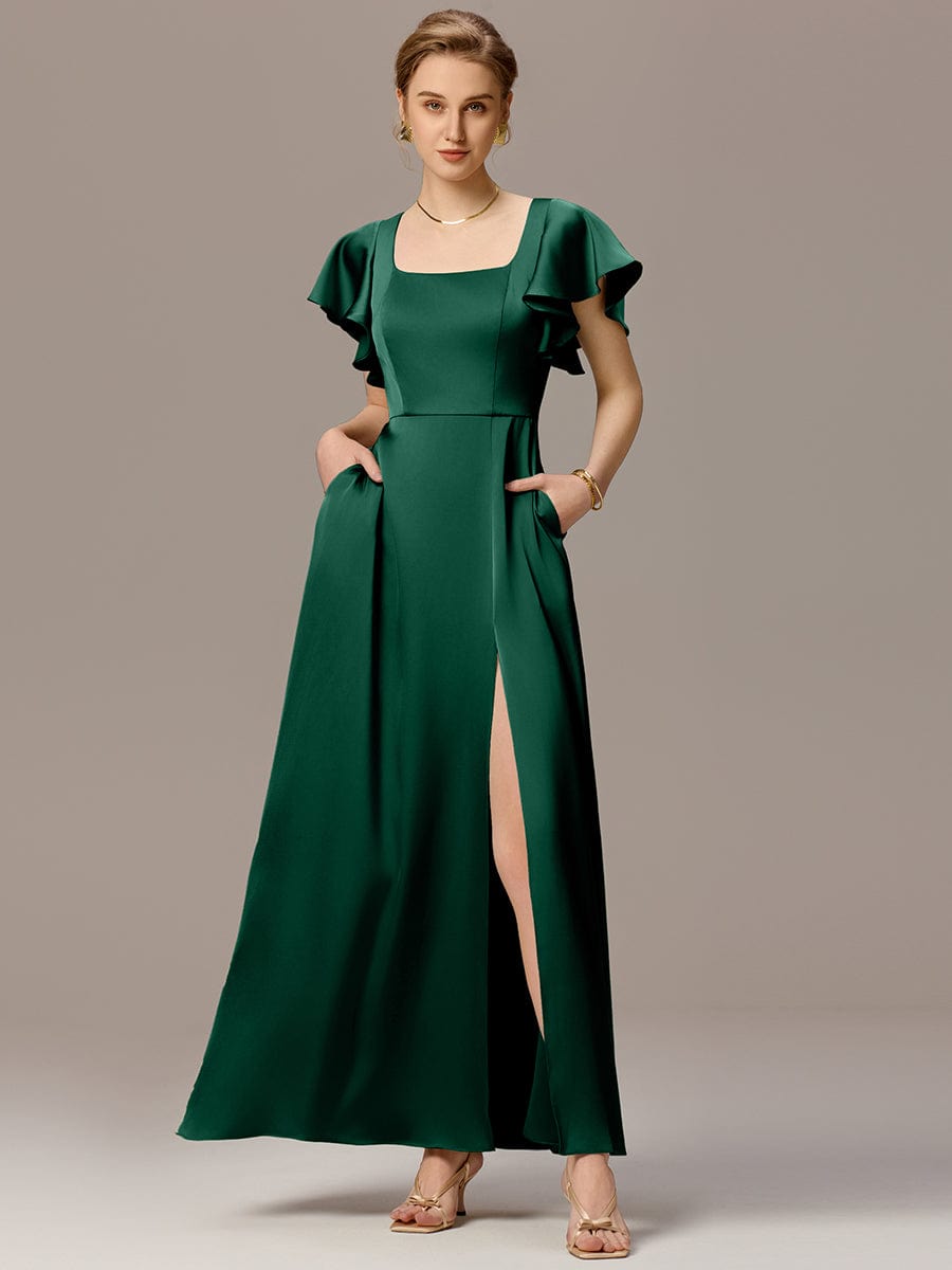 Satin Square Neck Short Sleeve Ruffled Maxi Bridesmaid Dress #color_Dark Green