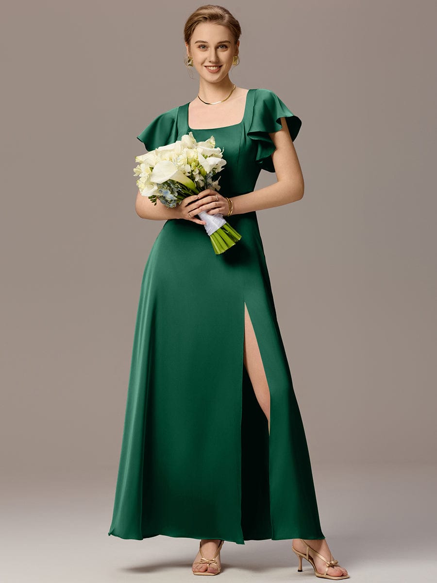 Satin Square Neck Short Sleeve Ruffled Maxi Bridesmaid Dress #color_Dark Green