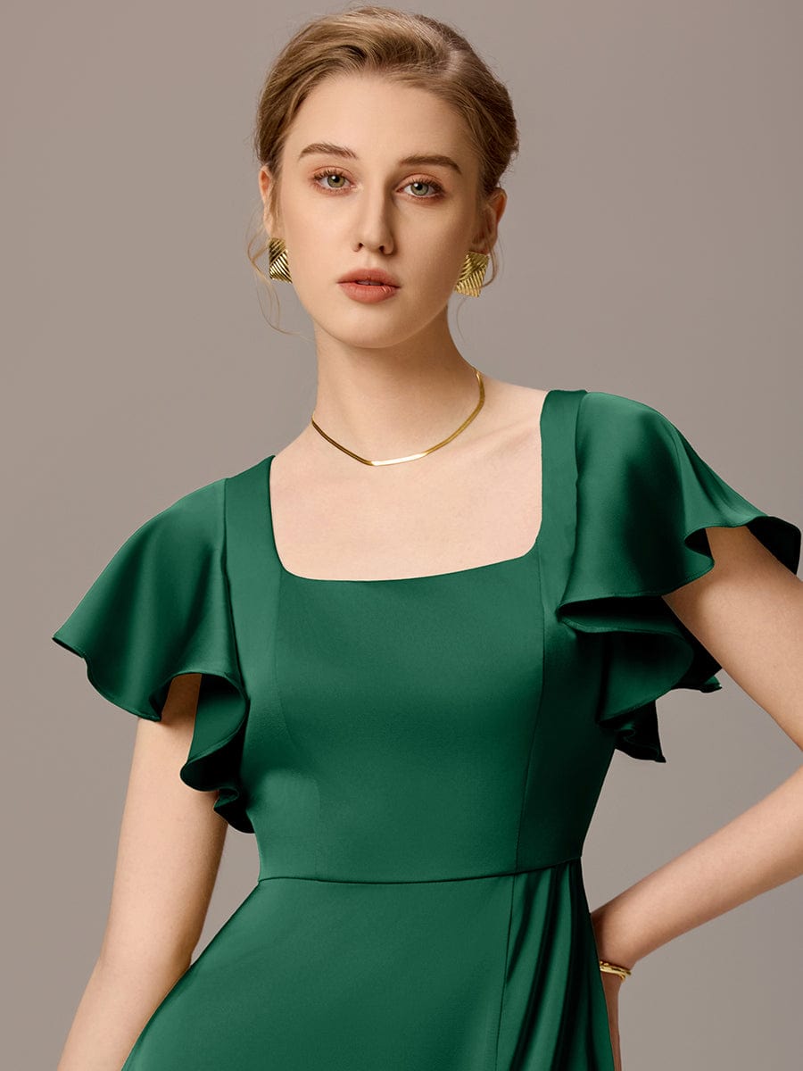 Satin Square Neck Short Sleeve Ruffled Maxi Bridesmaid Dress #color_Dark Green