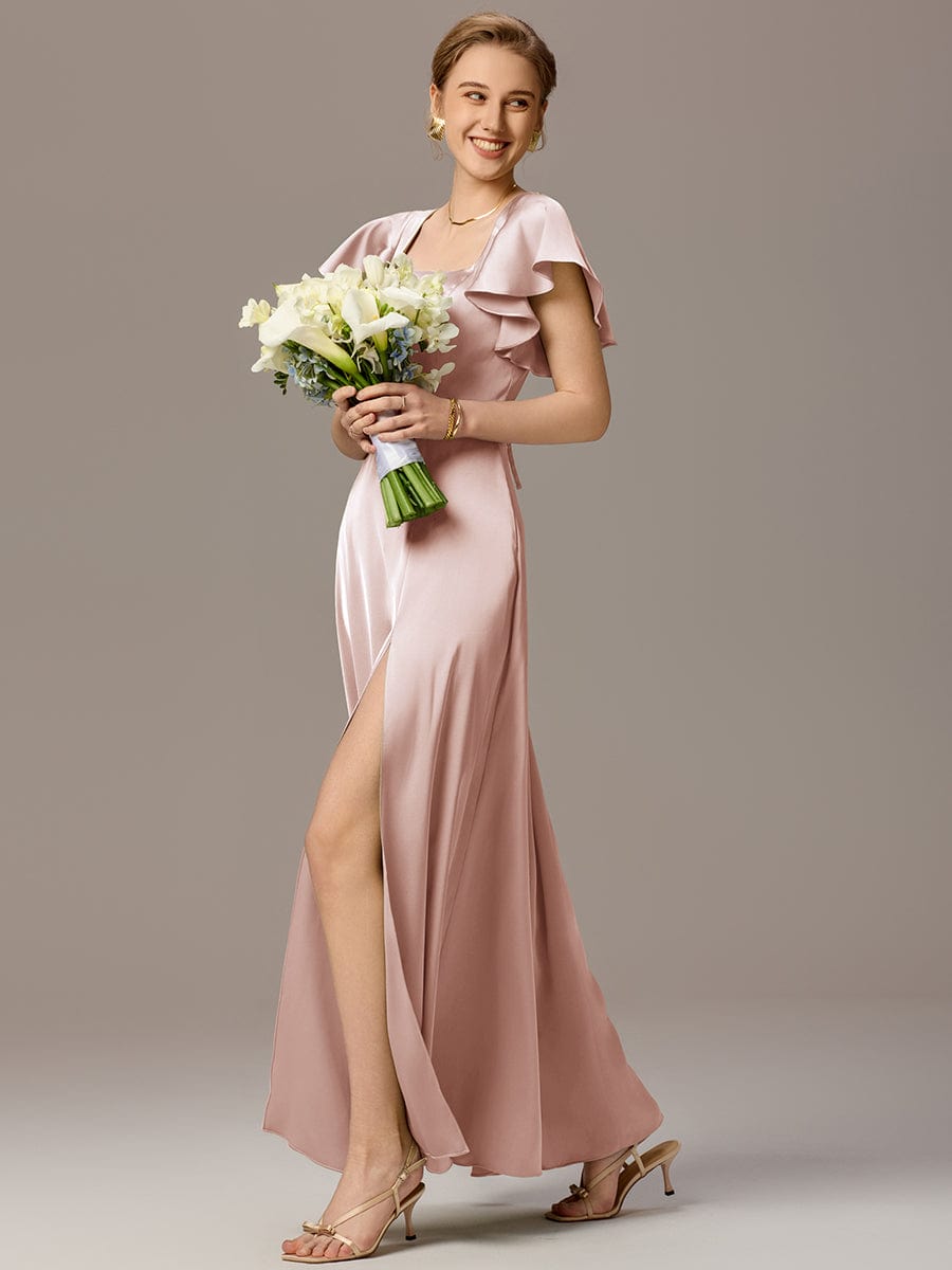 Satin Square Neck Short Sleeve Ruffled Maxi Bridesmaid Dress #color_Pink