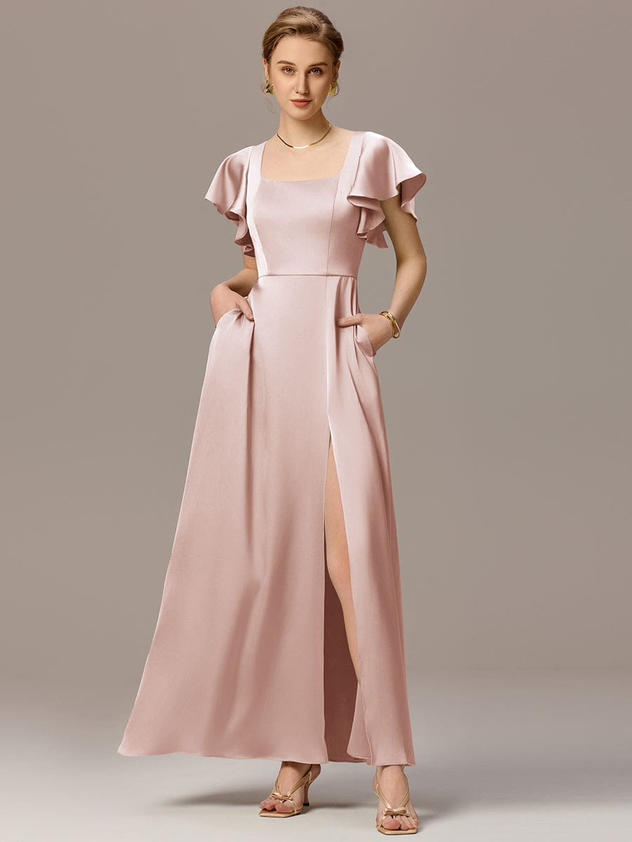 Satin Square Neck Short Sleeve Ruffled Maxi Bridesmaid Dress #color_Pink