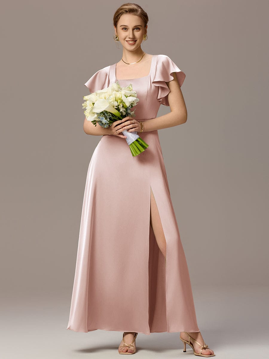 Satin Square Neck Short Sleeve Ruffled Maxi Bridesmaid Dress #color_Pink