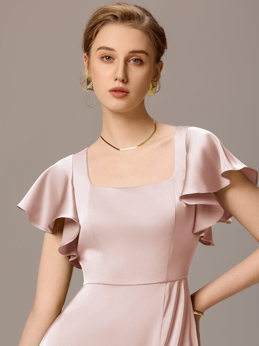 Satin Square Neck Short Sleeve Ruffled Maxi Bridesmaid Dress #color_Pink