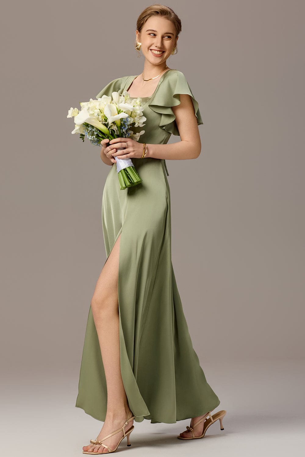 Satin Square Neck Short Sleeve Ruffled Maxi Bridesmaid Dress #color_Sage Green