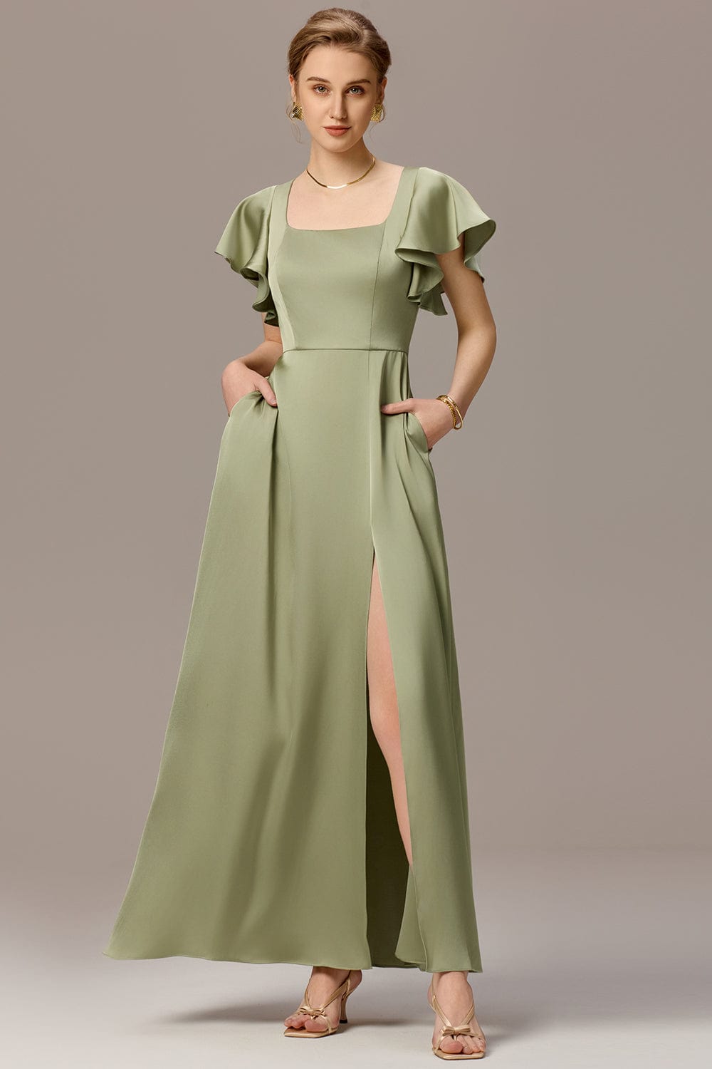 Satin Square Neck Short Sleeve Ruffled Maxi Bridesmaid Dress #color_Sage Green