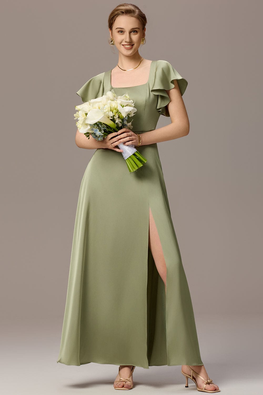 Satin Square Neck Short Sleeve Ruffled Maxi Bridesmaid Dress #color_Sage Green