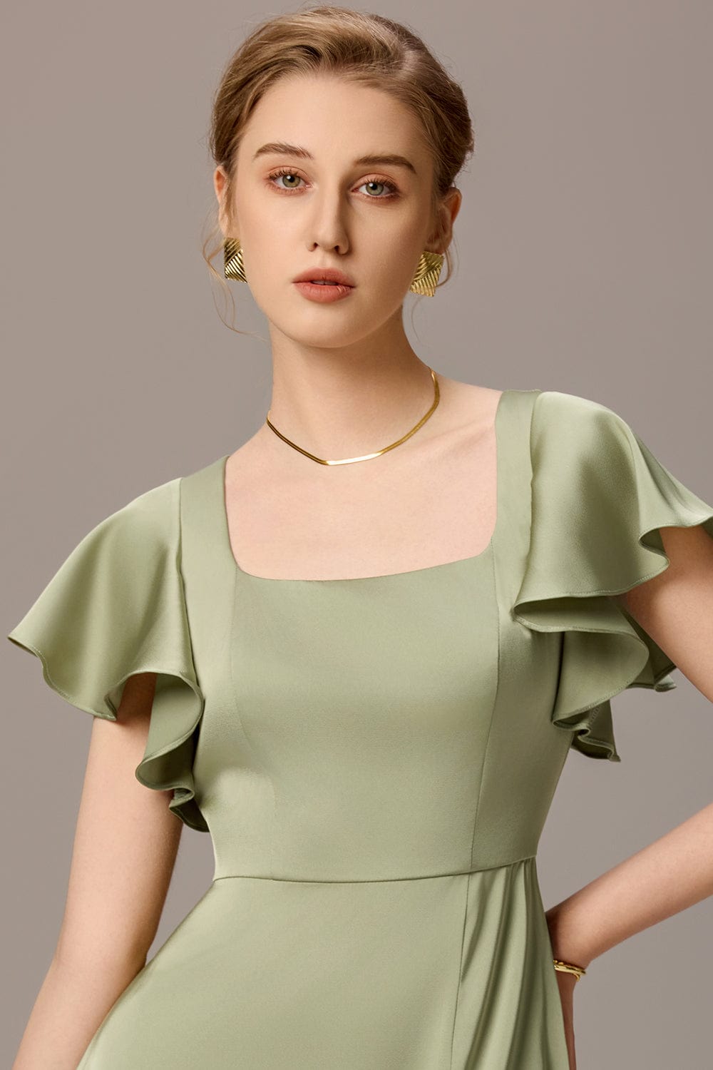 Satin Square Neck Short Sleeve Ruffled Maxi Bridesmaid Dress #color_Sage Green