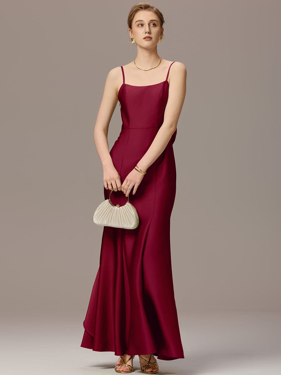 Mermaid Bow Stretch Satin Maxi Bridesmaid Dress #color_Burgundy