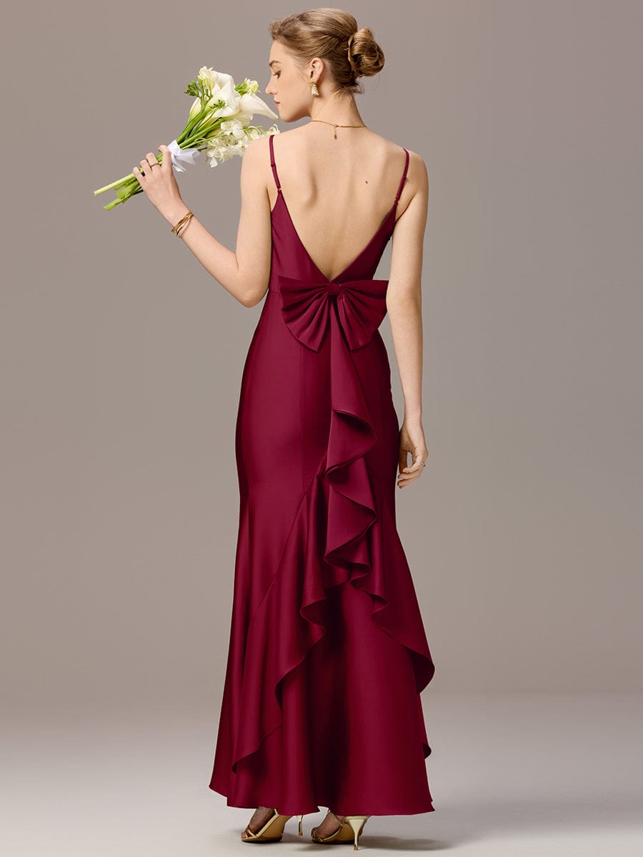 Mermaid Bow Stretch Satin Maxi Bridesmaid Dress #color_Burgundy