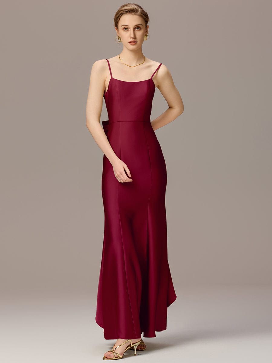 Mermaid Bow Stretch Satin Maxi Bridesmaid Dress #color_Burgundy