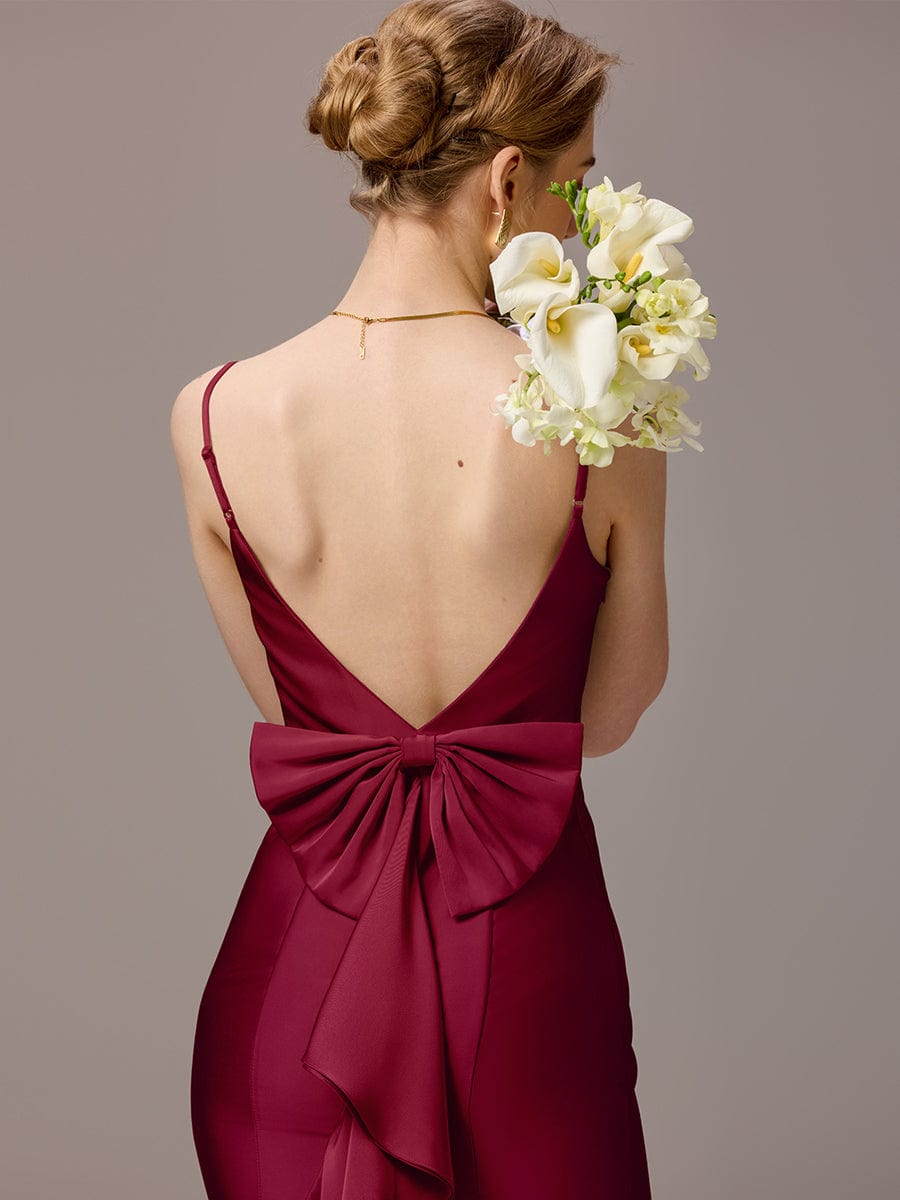 Mermaid Bow Stretch Satin Maxi Bridesmaid Dress #color_Burgundy