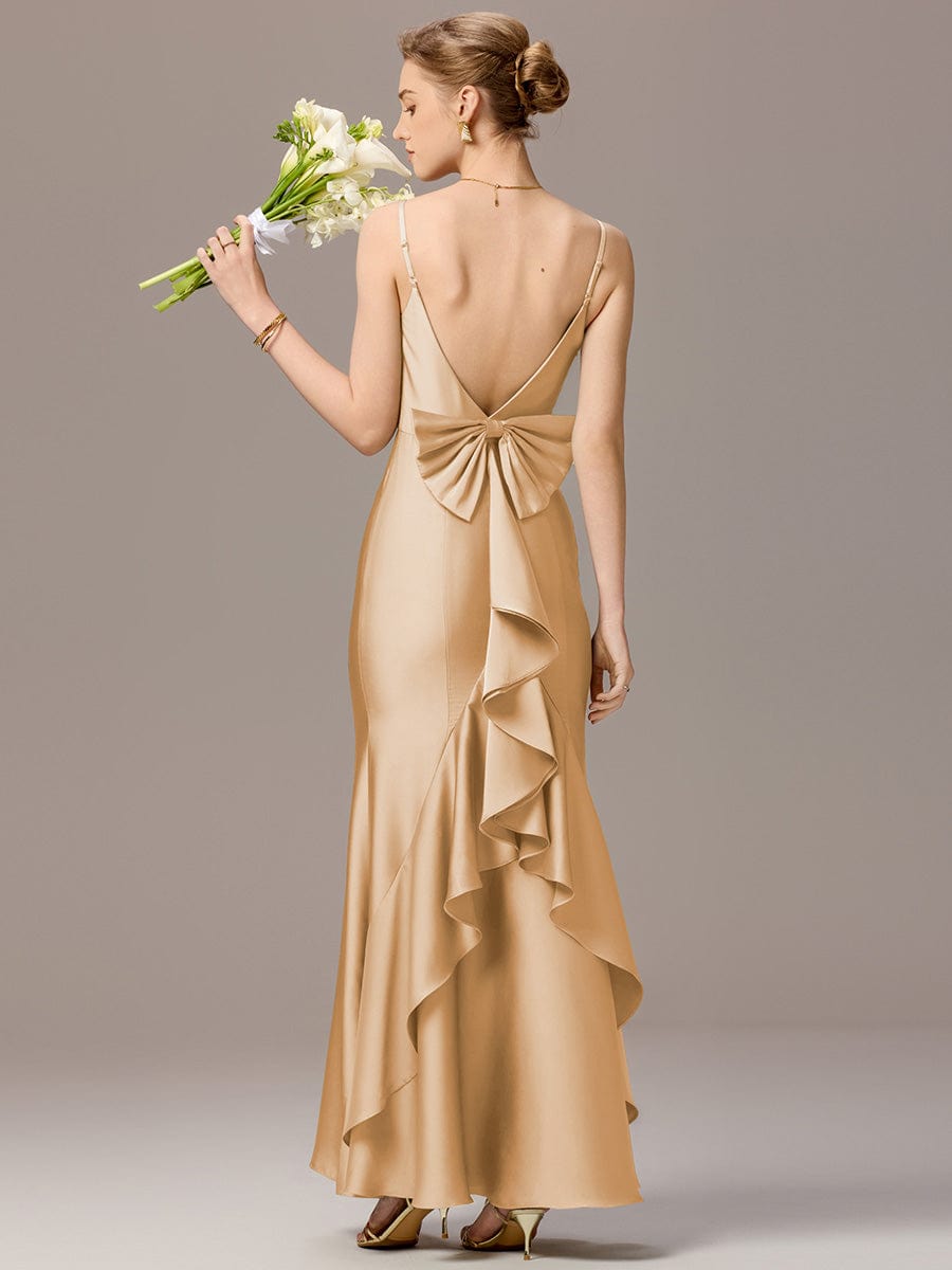 Mermaid Bow Stretch Satin Maxi Bridesmaid Dress #color_Champagne