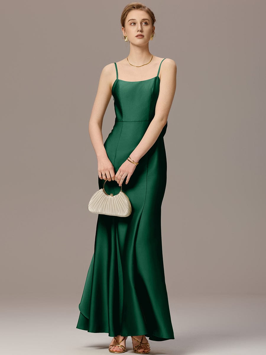 Mermaid Bow Stretch Satin Maxi Bridesmaid Dress #color_Dark Green